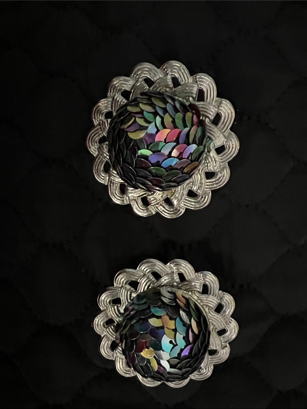 Iridescent Sequin Floral Silver Accent Clip-On Earrings 80s style